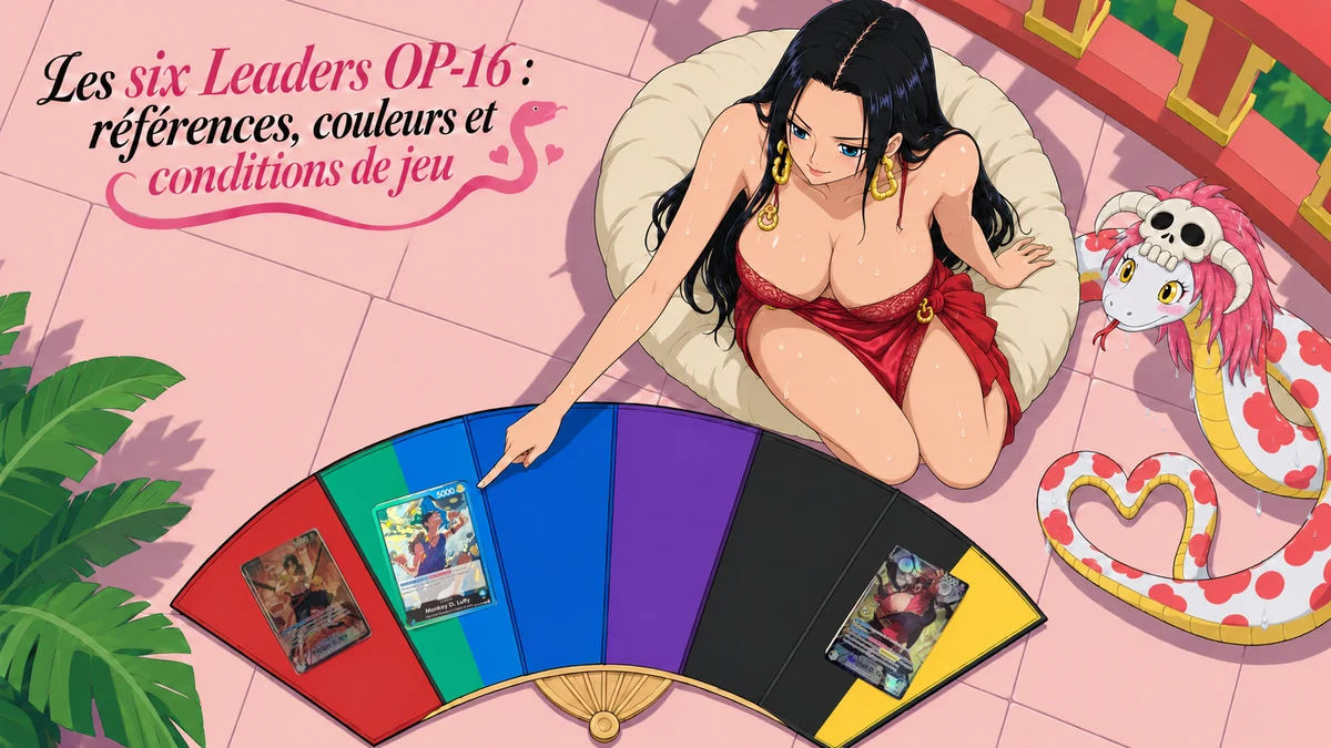 Couverture illustrée : Les six Leaders OP-16 : références, couleurs et conditions de jeu.
