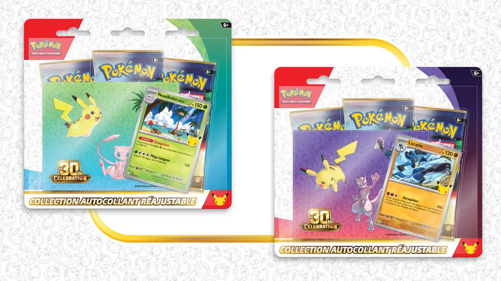 Tripacks anniversaire Noadkoko d’Alola et Lucario avec leurs cartes promo.