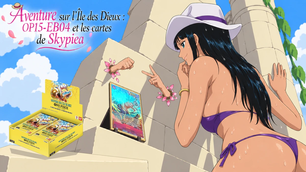 Couverture illustrée : Aventure sur l’Île des Dieux : OP15-EB04 et les cartes de Skypiea.