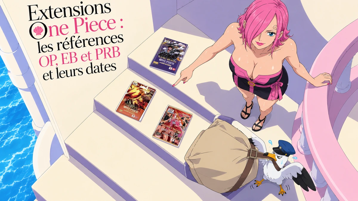 Couverture illustrée : Extensions One Piece : les références OP, EB et PRB et leurs dates.