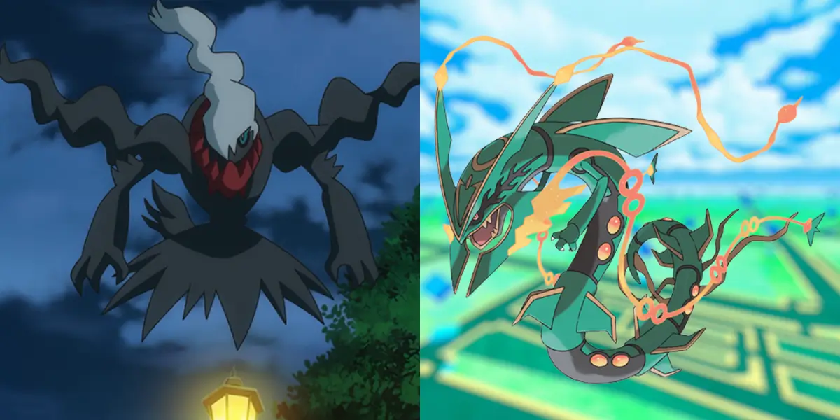 Illustrations de Darkrai et Rayquaza en deux panneaux