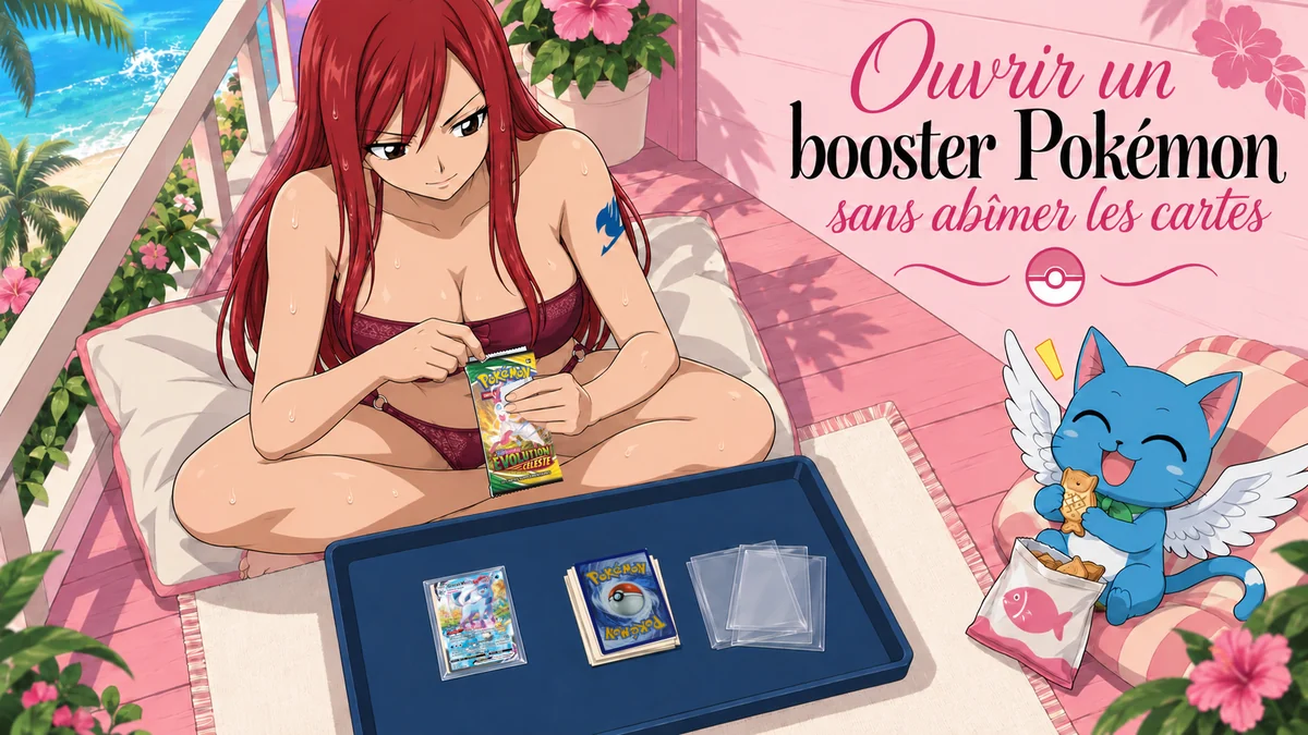 Couverture illustrée : Ouvrir un booster Pokémon sans abîmer les cartes.