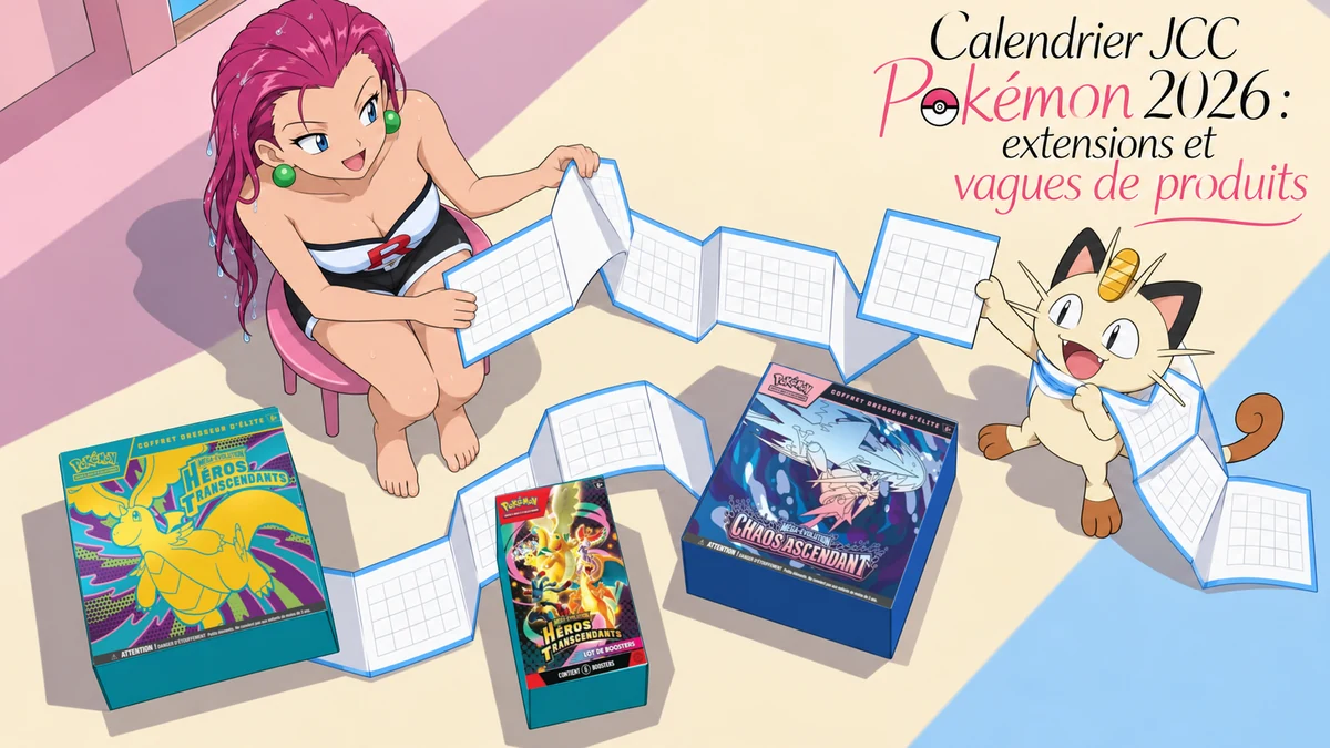 Couverture illustrée : Calendrier JCC Pokémon 2026 : extensions et vagues de produits.