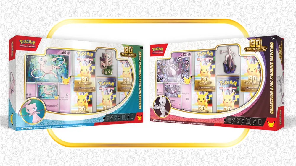 Coffrets avec figurine Mew et Mewtwo 30ᵉ Anniversaire.